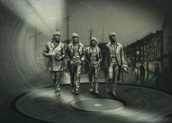 The Beatles standing on a record