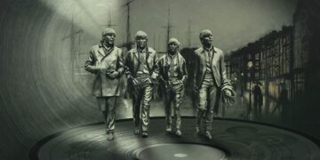 The Beatles standing on a record